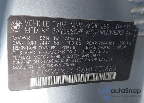 2011 BMW X3 xDrive35I from USA, damaged, VIN 5UXWX7C56BL731683